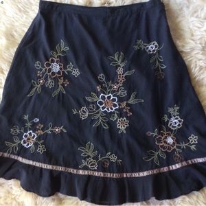 AKS by Amy K Su Black Skirt Silk Cotton Embroidered Flowers A Line Women